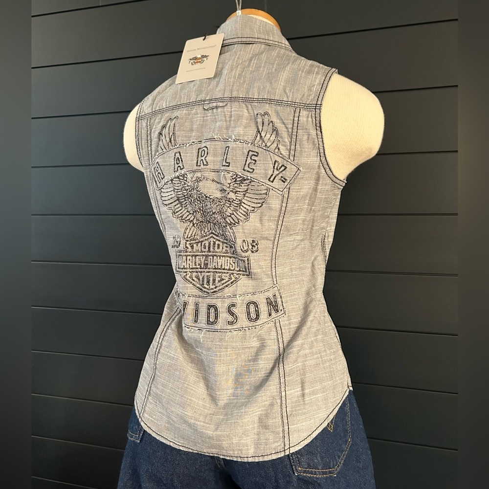NWT Harley Davidson Tank Patches Snap Tank Top Collar Retro Biker Cotton Logo